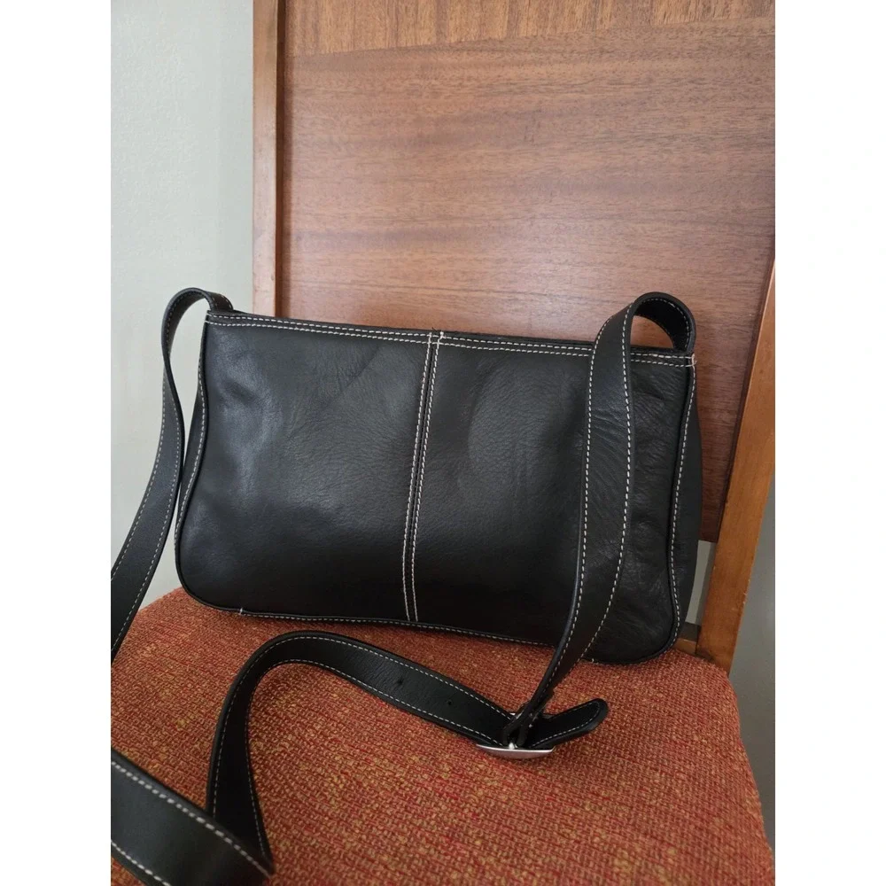 Vtg Preston & York Leather Crossbody Shoulder Purse Adjustable Blk Stitch Trim‎